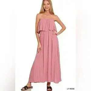 Zenana Woven Crinkle Strapless Maxi Dress